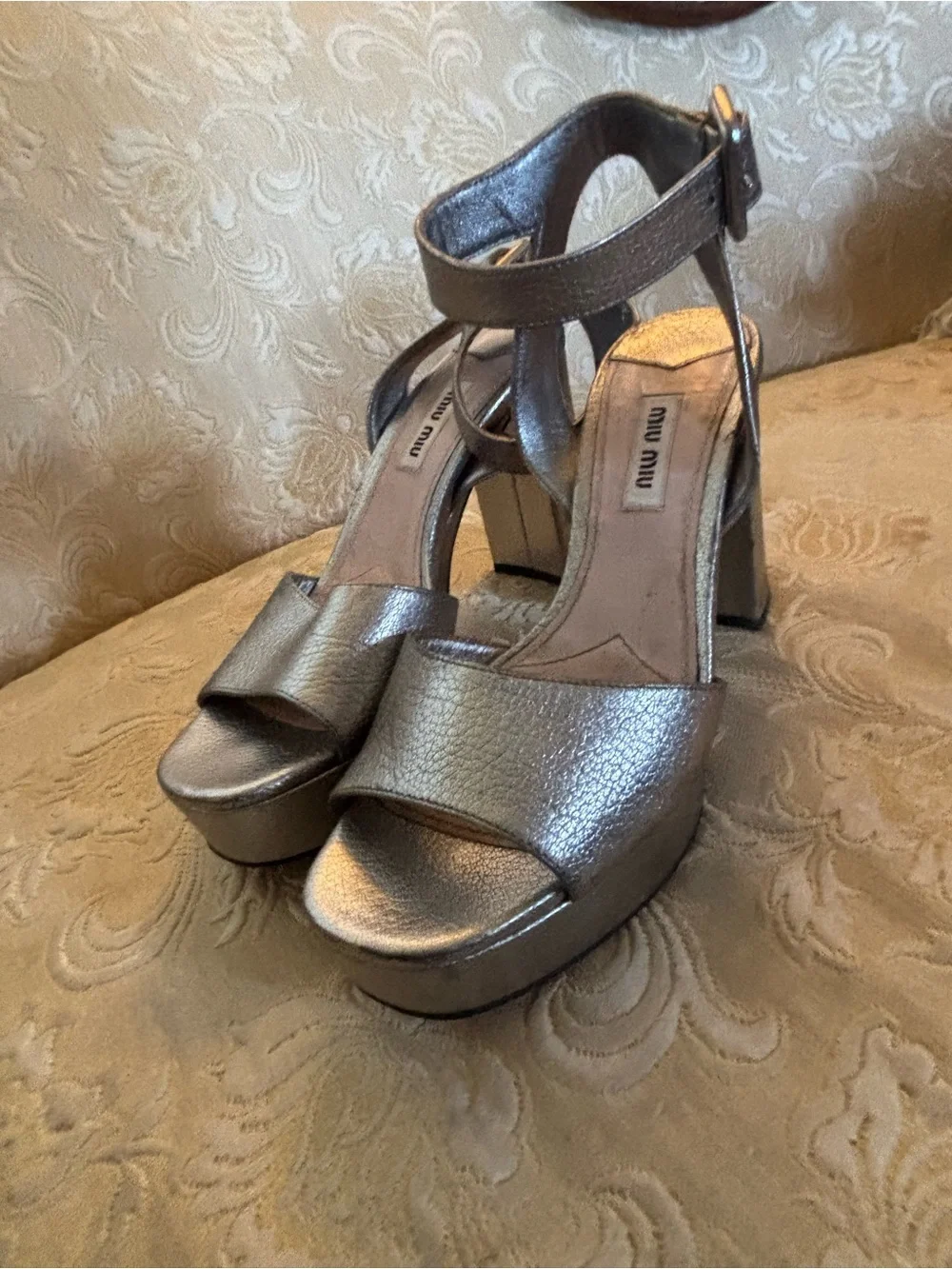 Miu Miu Bronze Metallic Platform Sandal with Ankle Strap